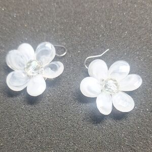 Clear White Floral Drop Earrings with Sparkling Crystal Centers